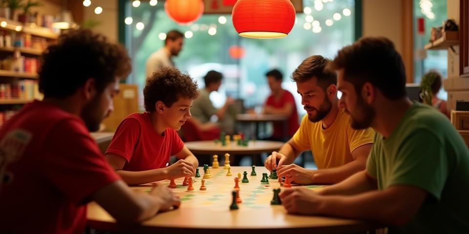 Jugadores compitiendo entusiastas en torneo de juegos de mesa